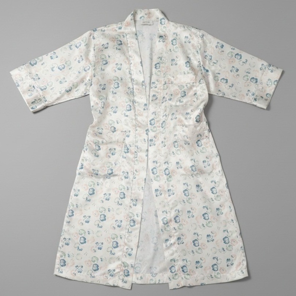 Body Drama Vintage Satin Floral Robe White Blue Pink Long Sleeve Loungewear
